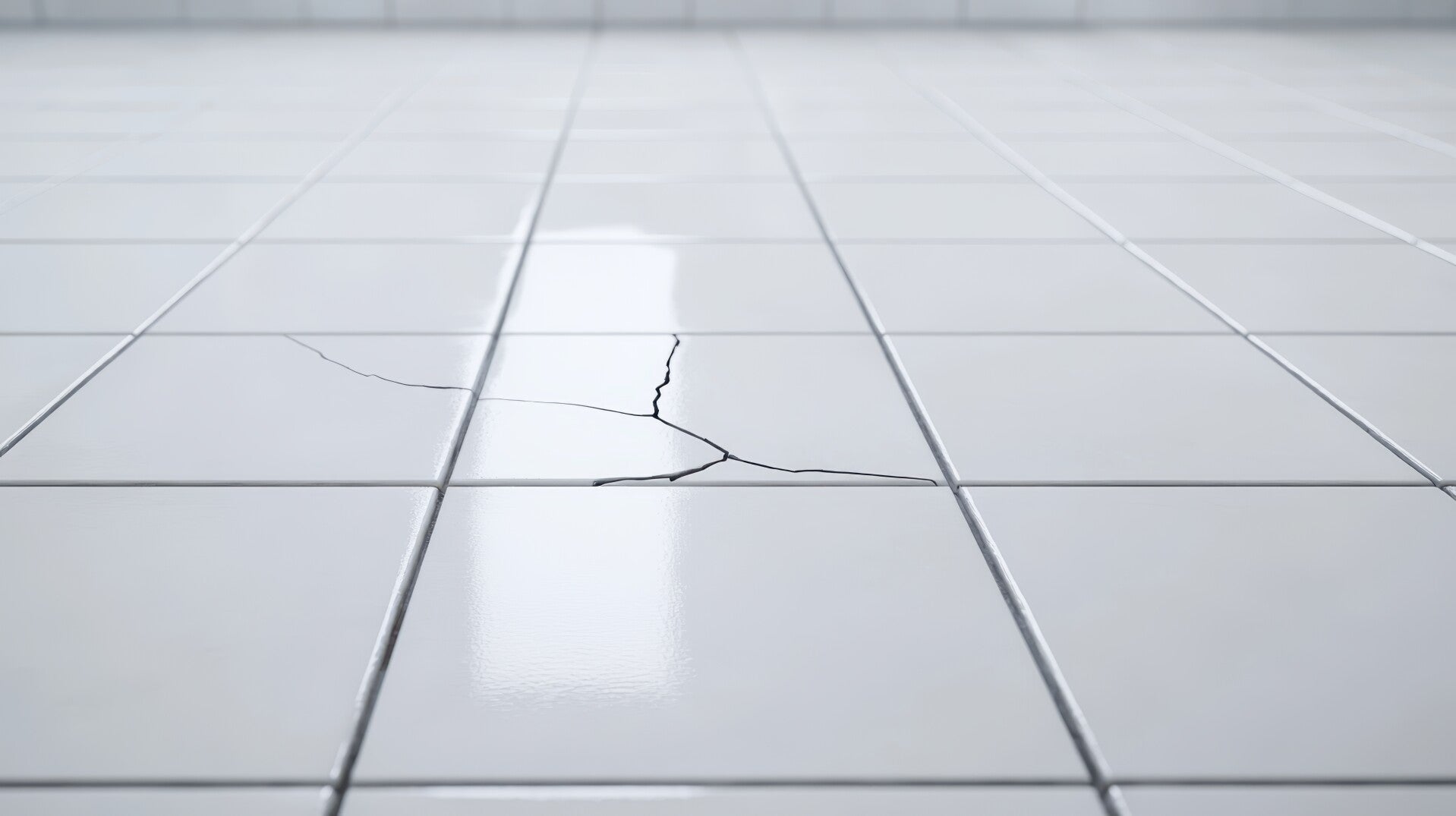 : Close-up of damaged, cracked white ceramic floor tiles in a bathroom, highlighting the need for tile repair and replacement.