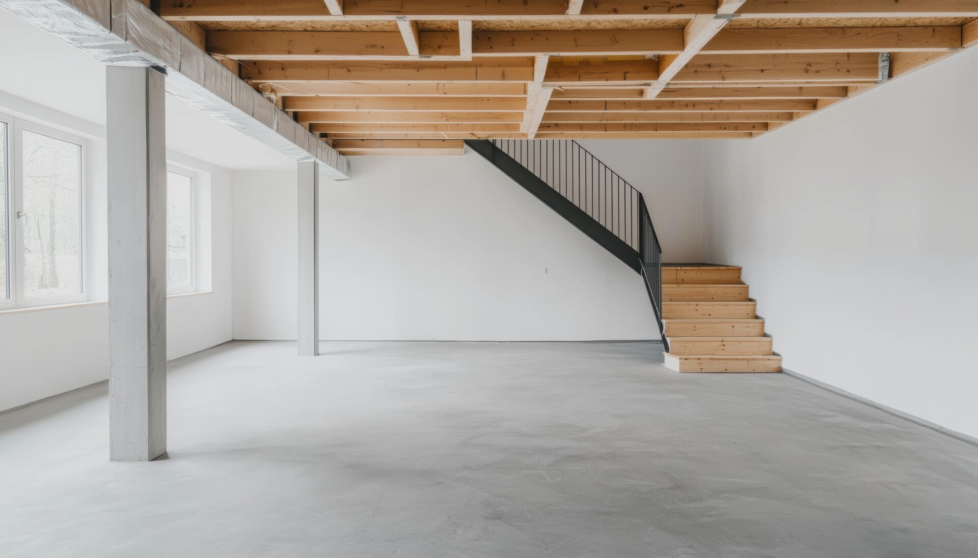Minimalist interior with concrete floor, exposed wooden beams, and wood staircase.