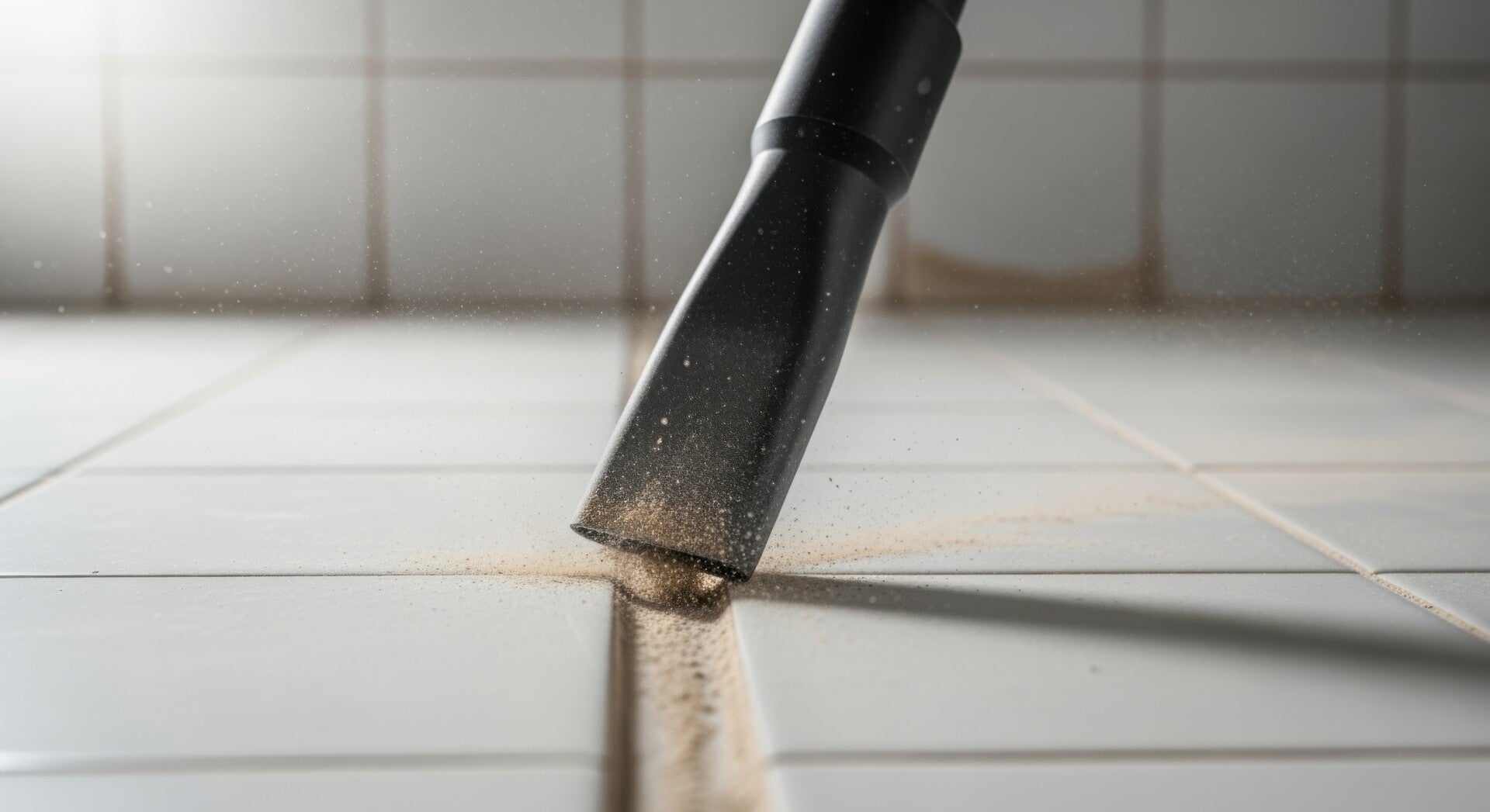 Close-up of a vacuum cleaner crevice tool removing dust and debris from deep grout lines between white floor tiles during a renovation.