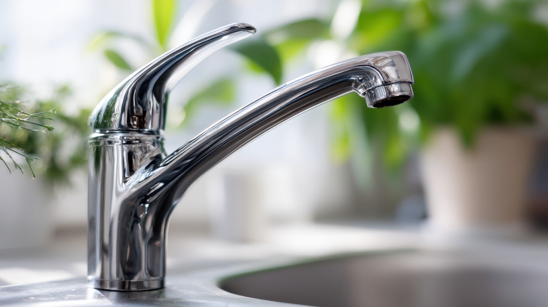 Close-up of a modern polished chrome single-handle kitchen faucet with a sleek curved spout, set against a blurred background of indoor green plants.