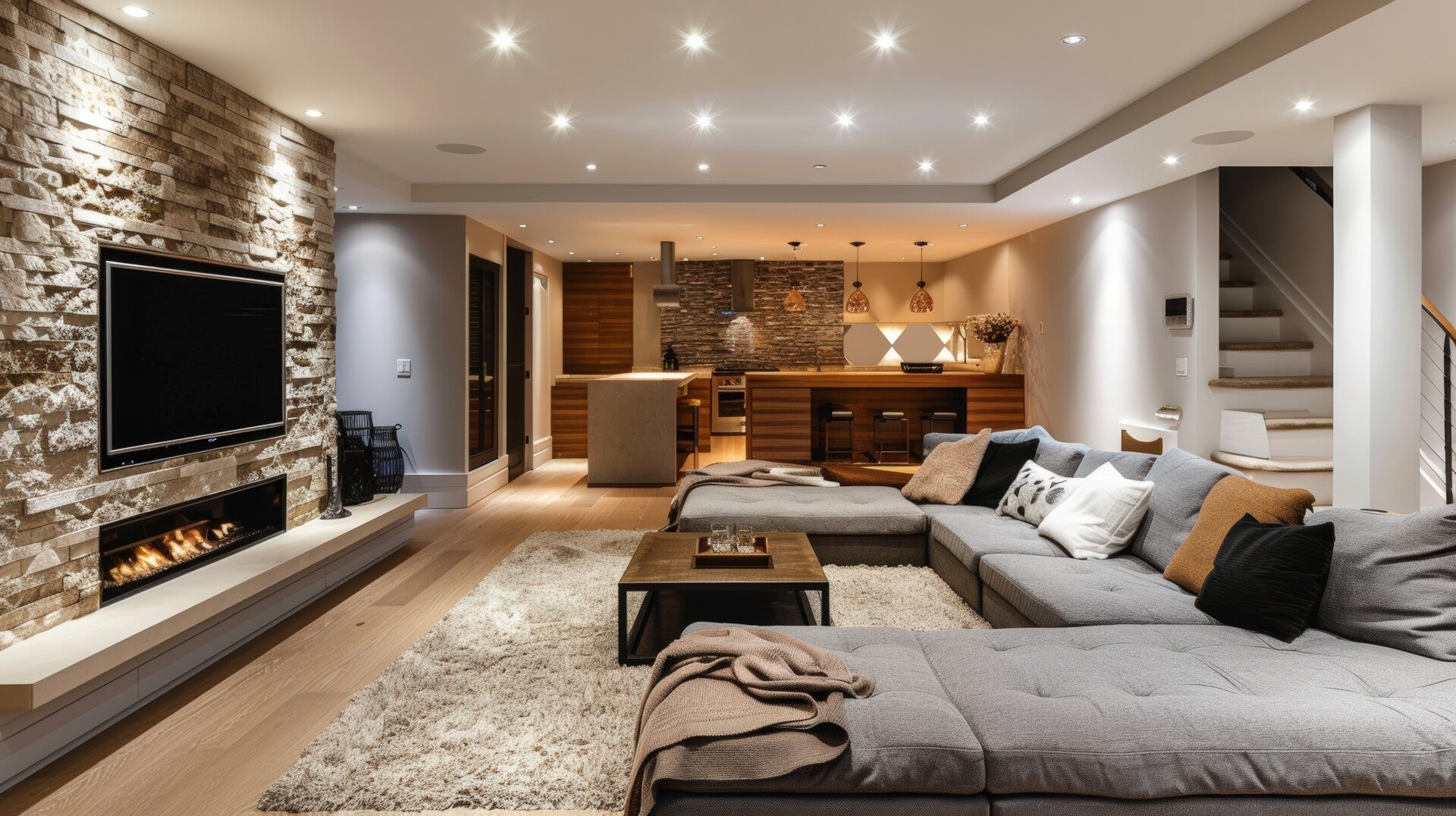 Open‑concept living room and kitchen with sectional sofa, fireplace, and modern island.