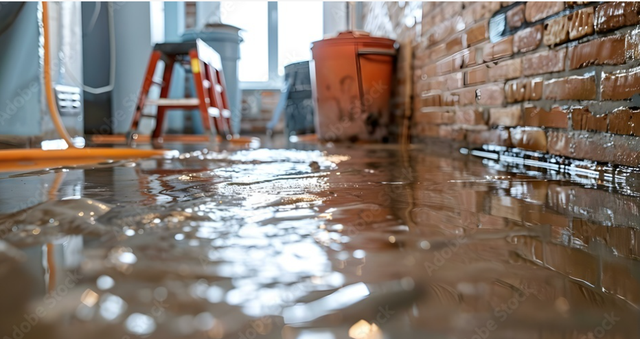 Flooded interior room with standing water reflecting brick walls and tools.