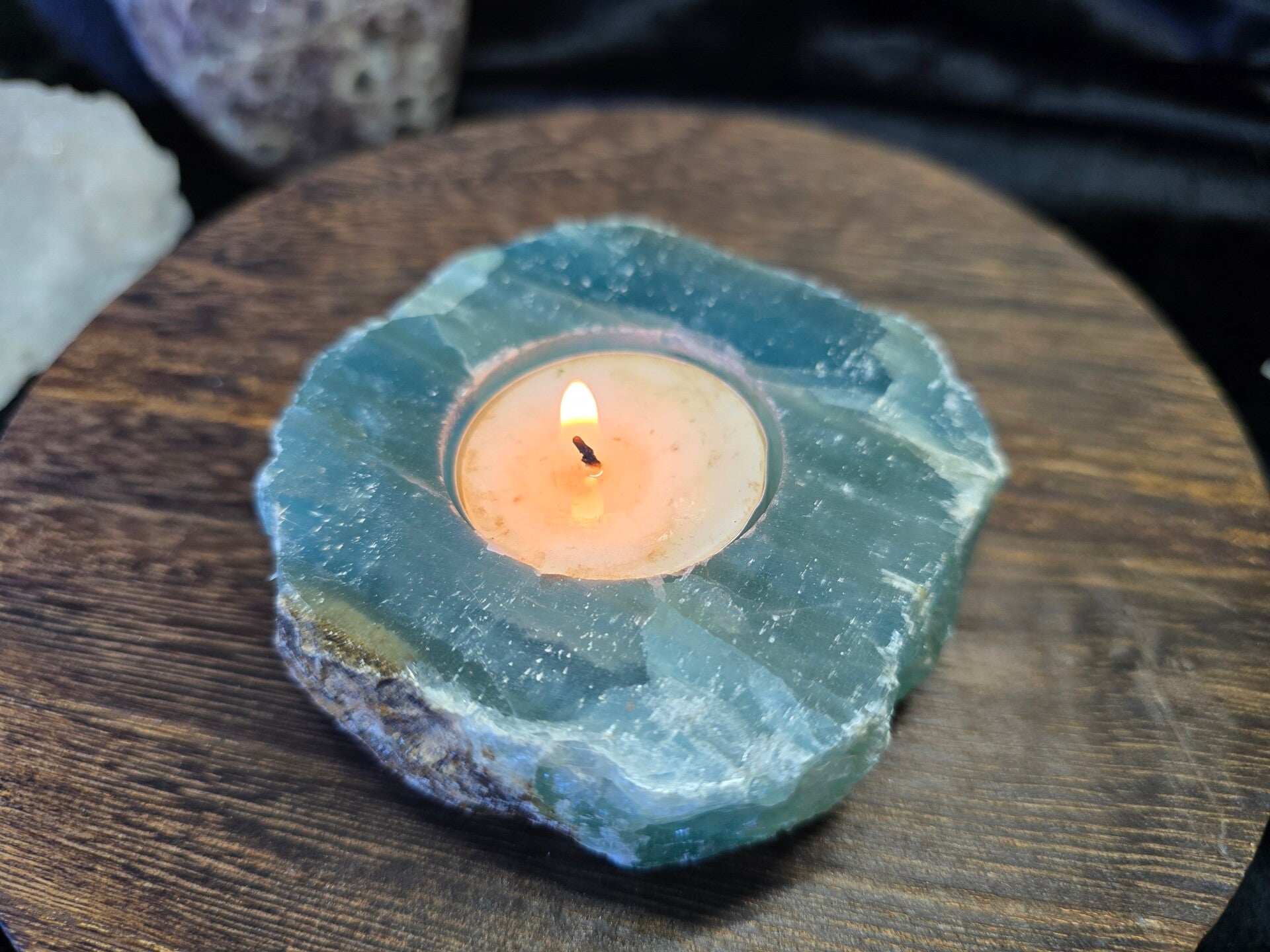 Blauwe calciet theelichthouder