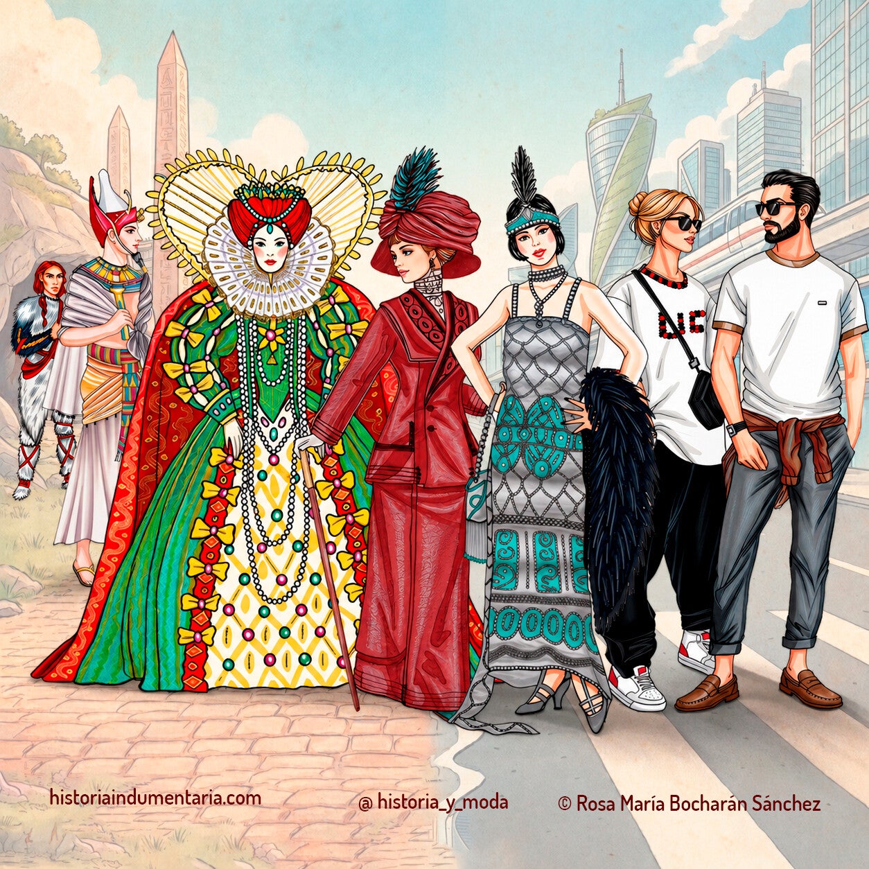 Ilustración de la evolución de la moda a través de la historia, libro Historia Ilustrada de la Indumentaria Rosa María Bocharán Sánchez