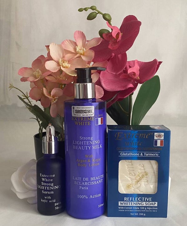 Extreme White With Argan Oil and Kojic Strong Milk 300ml, Serum 50ml, Soap 200g