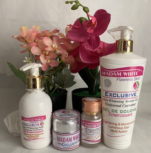 MADAM WHITE EXCLUSIVE XTRA WHITENING MILK, SERUM,  FACE CREAM AND SHOWER GEL