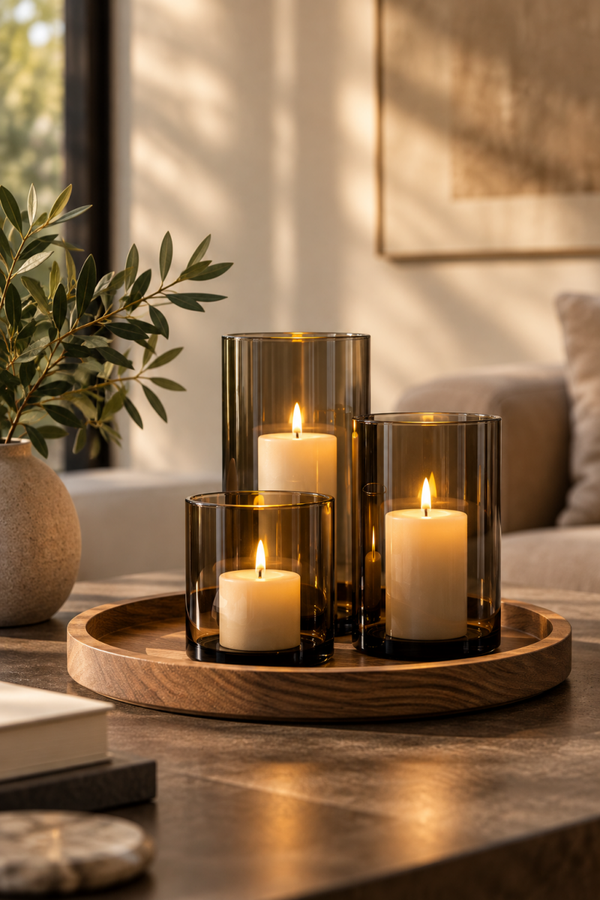 Houten dienblad set incl. kaarsen
