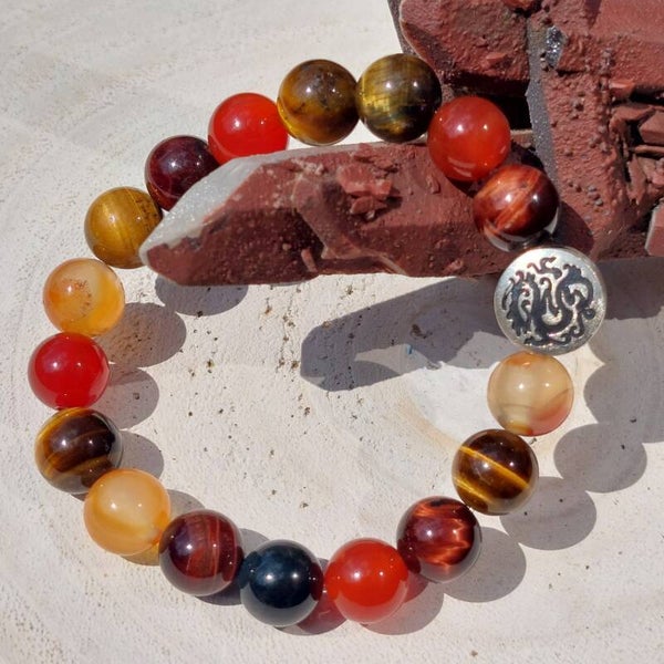 Tijgeroog, Tijgerijzer, Valkenoog en Carneool Armband met 17 kralen van 10mm en zilveren 925 bead Draak 13mm