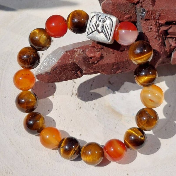 Tijgeroog en Carneool Armband 17 stuks 10mm kralen met zilveren 925 bead adelaar 12mm