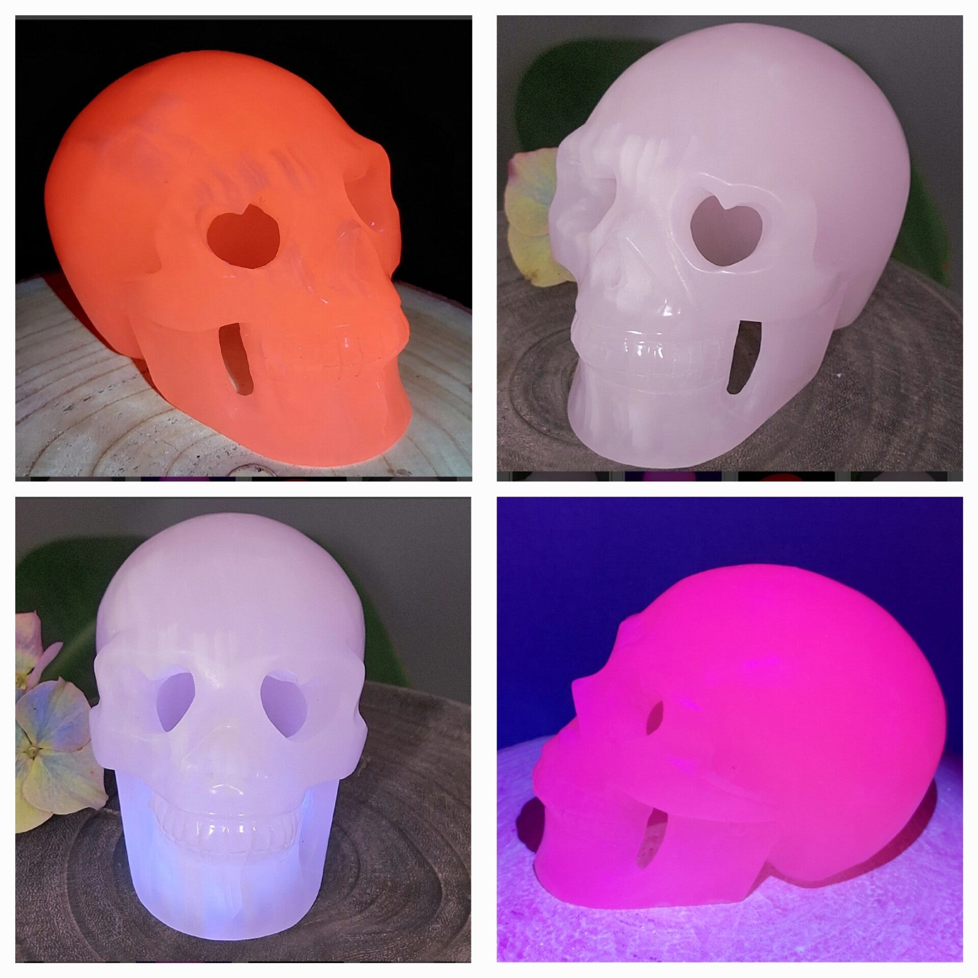 Mangano Calciet grote hollow skull with heart eyes. UV fluoriserend