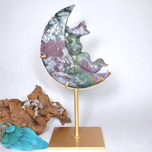 Mosagaat Maan met Eekhoorn op standaard met prachtige kleuren en patronen. 26cm