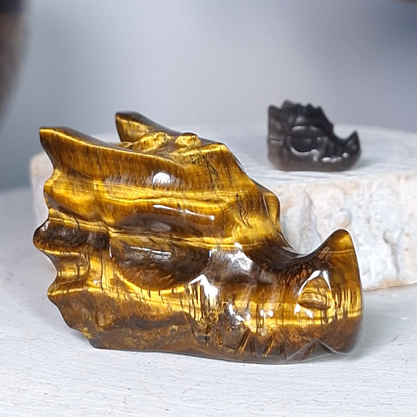 Tijgeroog Draak met miniatuur draakje van Zilver Obsidiaan