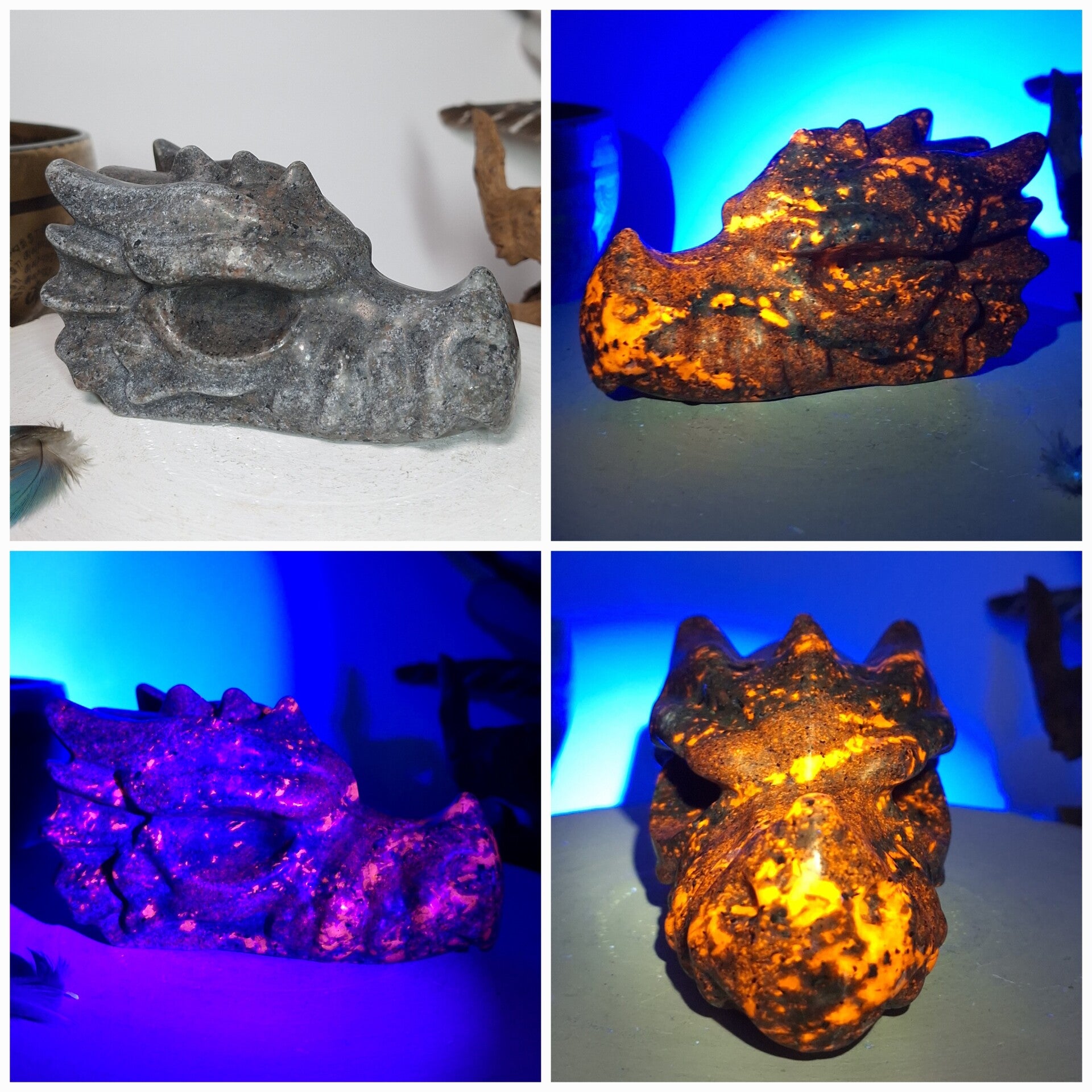 Yooperliet Draak. Grote Drakenschedel van UV reactieve Sodaliet houdend gesteente