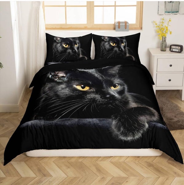 Black Cat 3D Bedding Set – Duvet cover & Pillow Shams Size: Queen