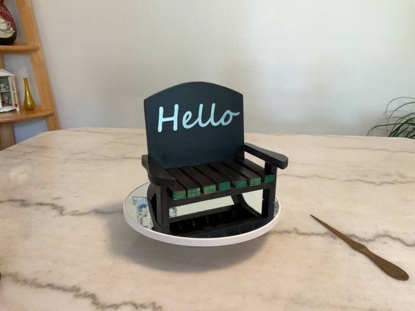 Handmade Miniature Bench, Hand-Painted in basic satin black, With Hello in vinyl on the back, Coastal Decor with Shells, Whimsical Beach House Accent bench002