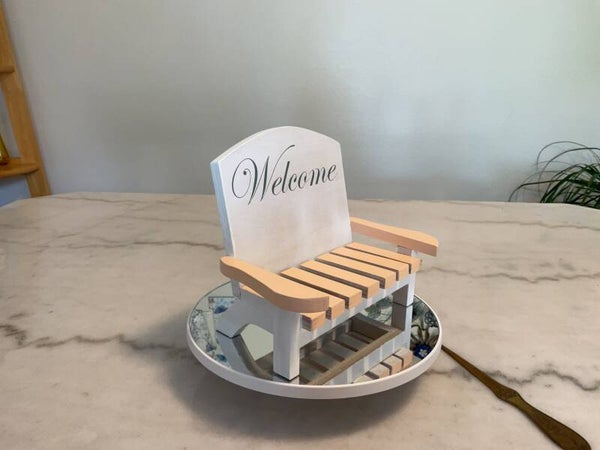 Handmade Miniature bench decorated painted with Welcome on back in vinyl. bench003