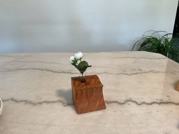 Hand made wooden vase with glass tube.