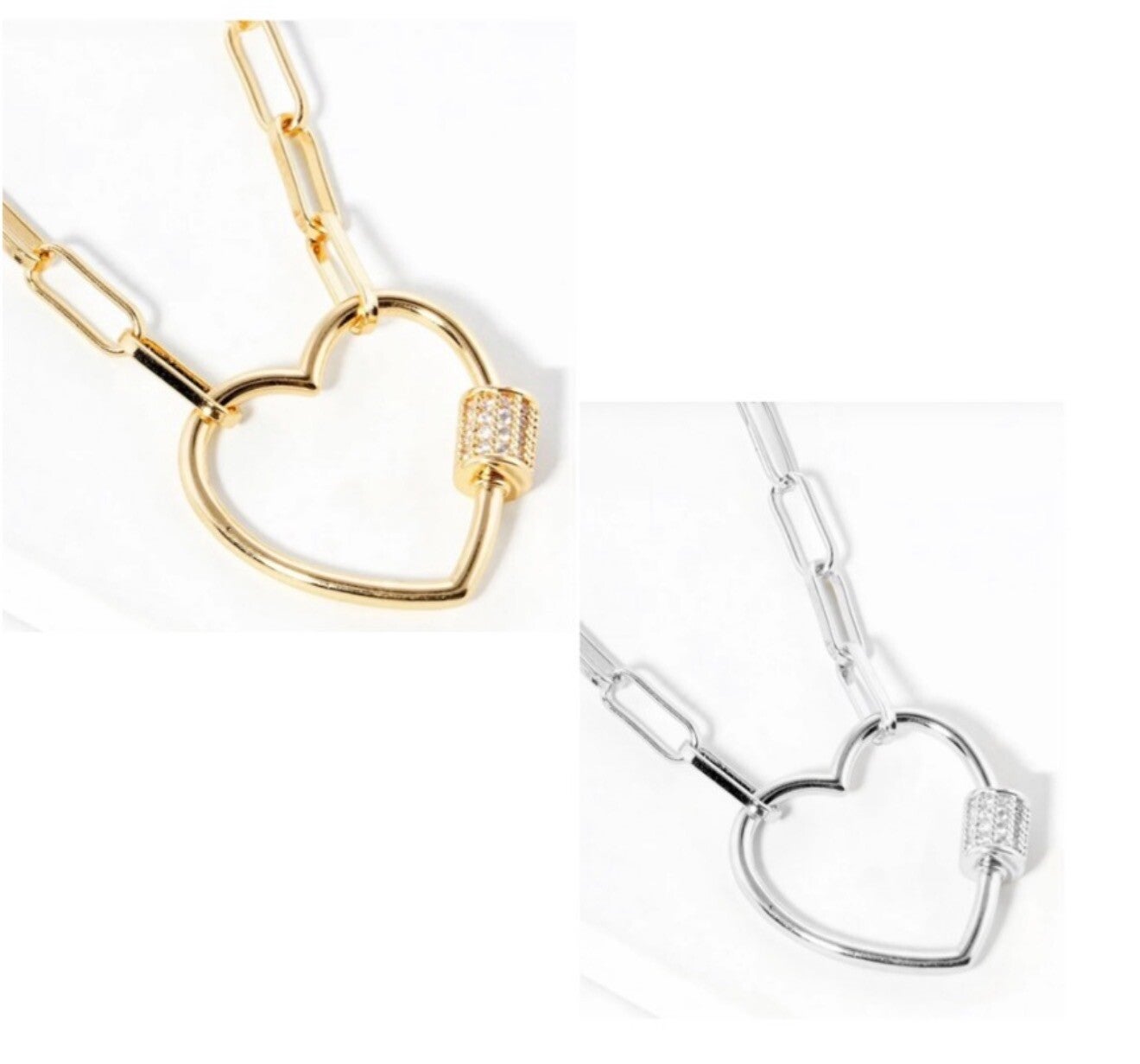 Gold or Silver Cz Paved Heart Paperclip Chain Necklace