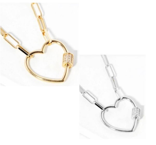 Gold or Silver Cz Paved Heart Paperclip Chain Necklace