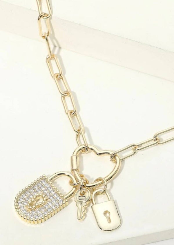 14K Heart Carabiner CZ PAVE Padlock & Key Paperclip Necklace