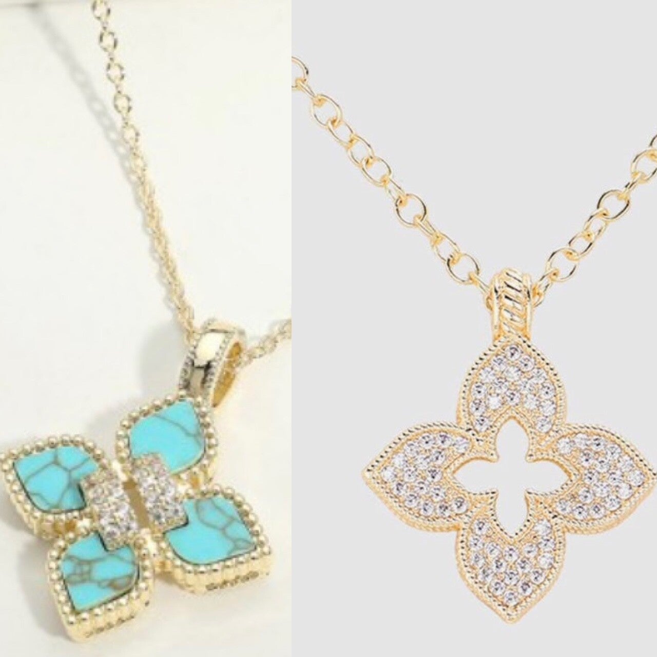 14K Gold Plated CZ PAVE Clover OR Turquoise Clover Necklace