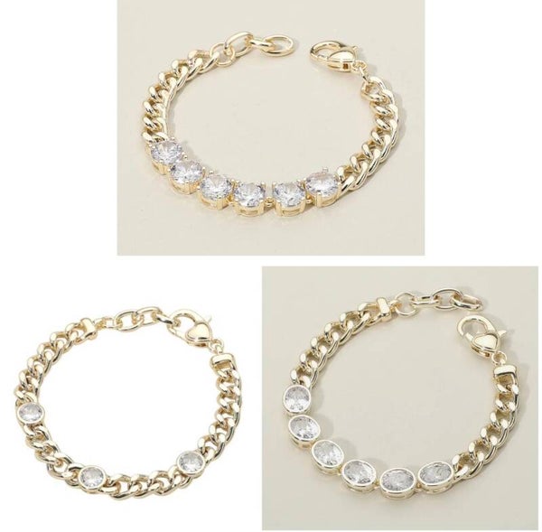 14K Gold Plated Cuban Link Spaced Round CZ / Clustered Square CZ stones OR Clustered Oval CZ stones