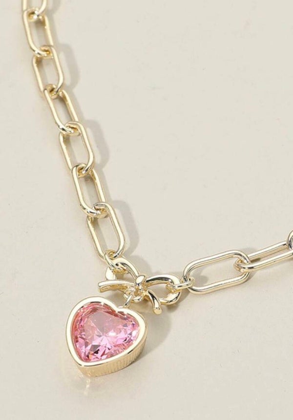 14K Gold Bow Top Heart CZ Pink Bezel