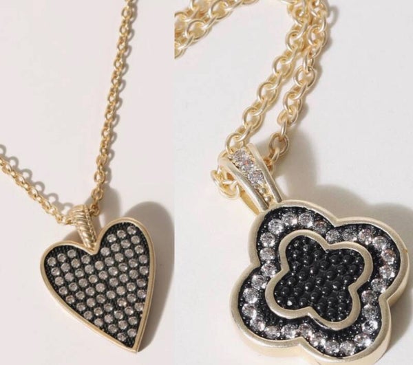 Matte Gold Hematite CZ Heart OR Clover Pendant Necklace