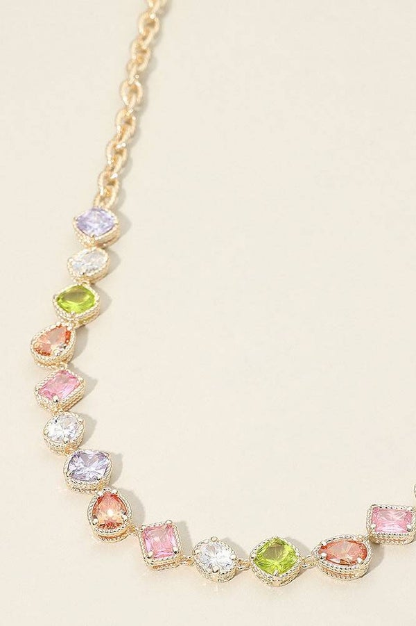 14k Gold Multi-color Shaped CZ Stone Necklace