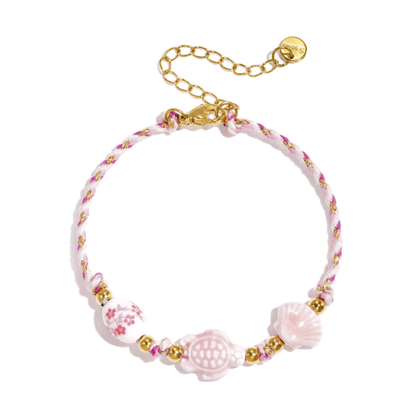Armband met schildpad en schelp kralen, touwmotief - roze