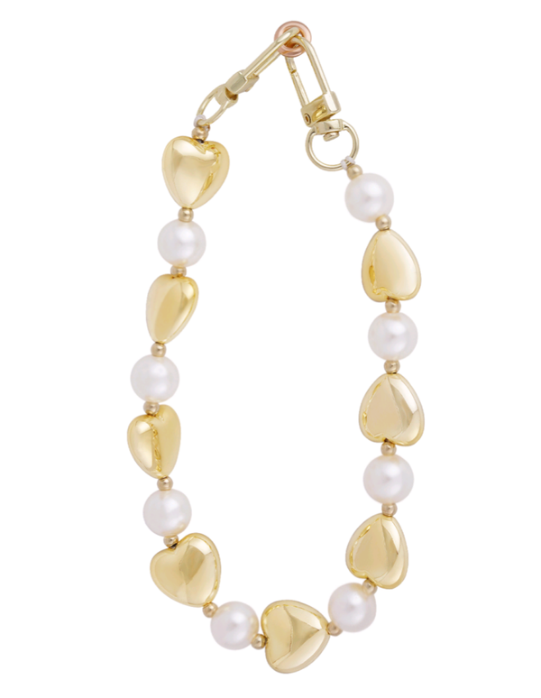 Telefoonkoord hart/kraal - goud/wit