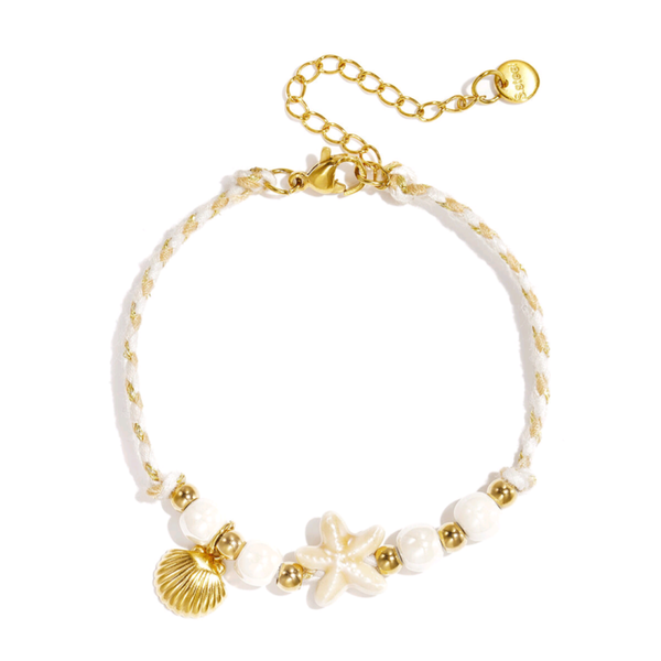 Armband met kralen van touwmotief, zeester en schelp - beige