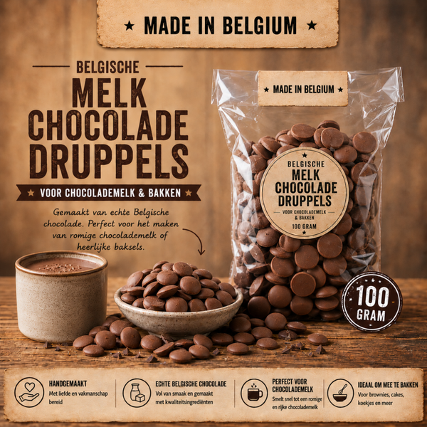 Belgische chocolade druppels melk choco per 100 gram
