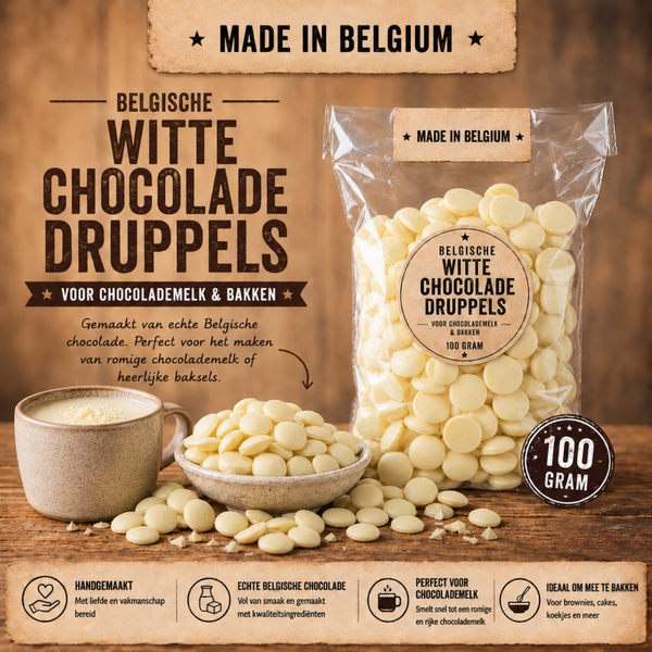 Belgische chocolade druppels wit per 100 gram
