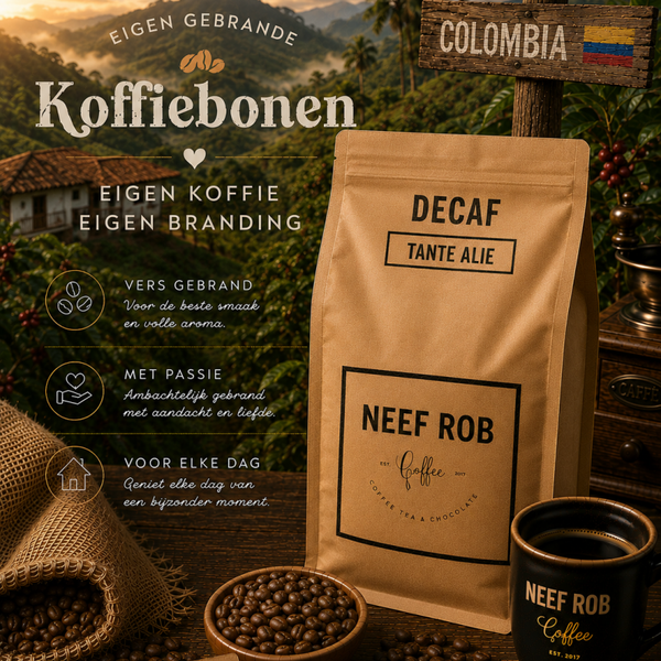 Koffie van tante Alie, cafeinevrij/decaf uit Colombia (lungo en espresso)