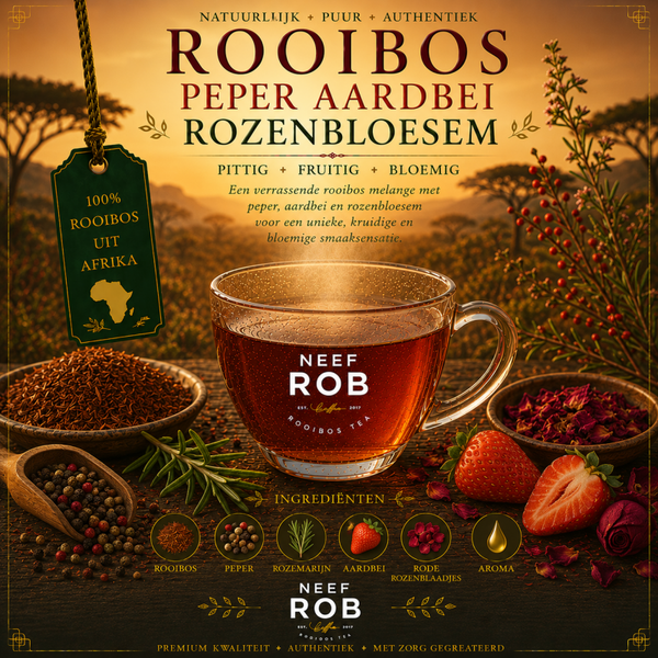 Rooibos met aardbei, peper en rozenknopjes om warm en koud te drinken.