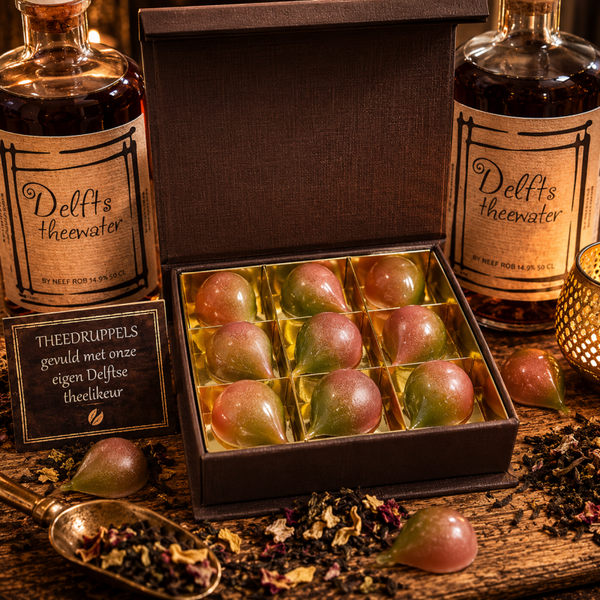 Theedruppels melkchocolade bonbons gevuld met onze eigen theelikeur