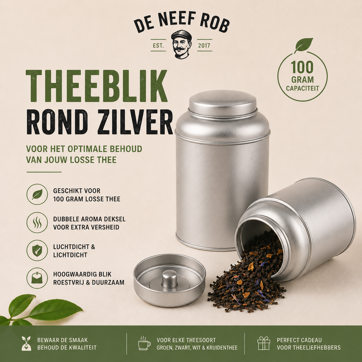 Thee bewaarblik metaal voor 100 gram thee