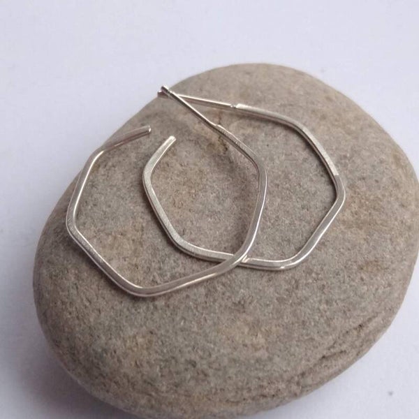 Sterling silver medium hexagon hoops