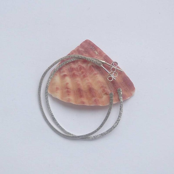 Sterling silver large round line hammered hoops