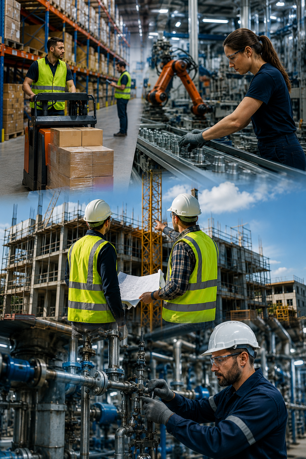 Mensen aan het werk in logistiek fabriek en in de bouw
