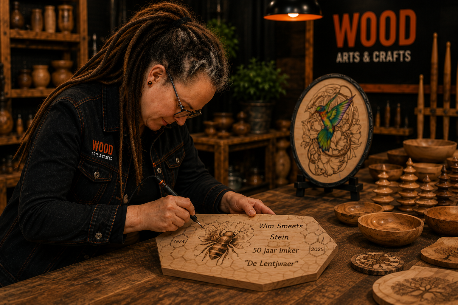 Aan het werk in de studio pyrografie kunstwerk imker
