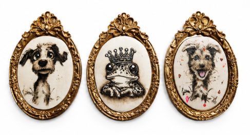 3 mini pyrografie halshangers in barok lijstjes