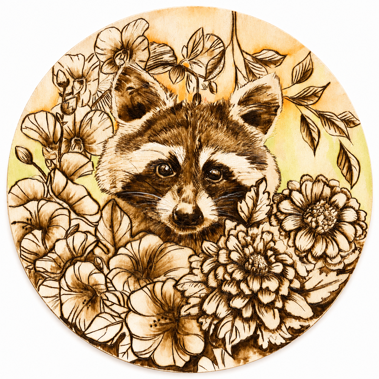 wantdpaneel rond met wasbeer handwerk pyrografie