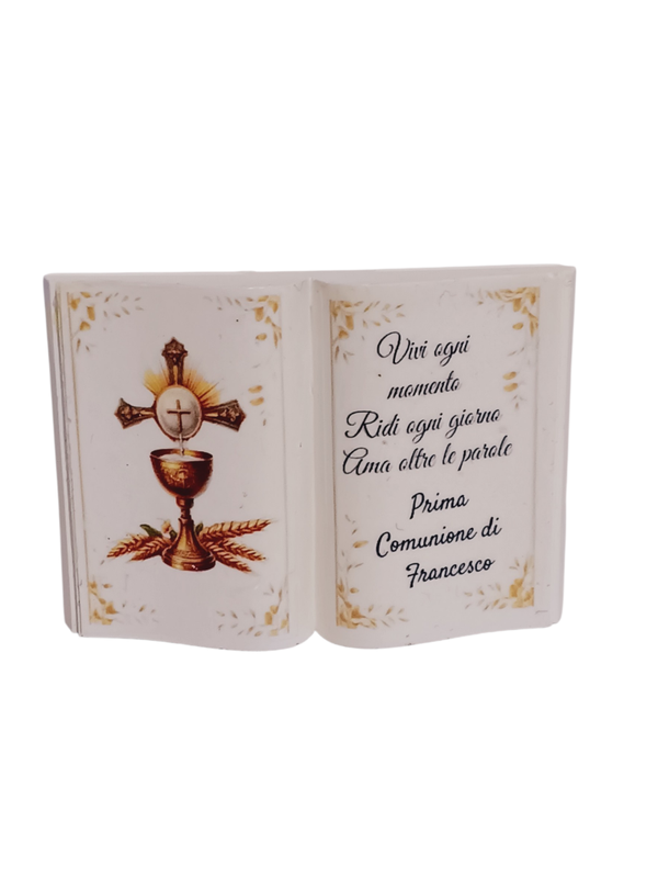Bomboniera Comunione libro preghiera dedica frase pergamena segnaposto statuina
