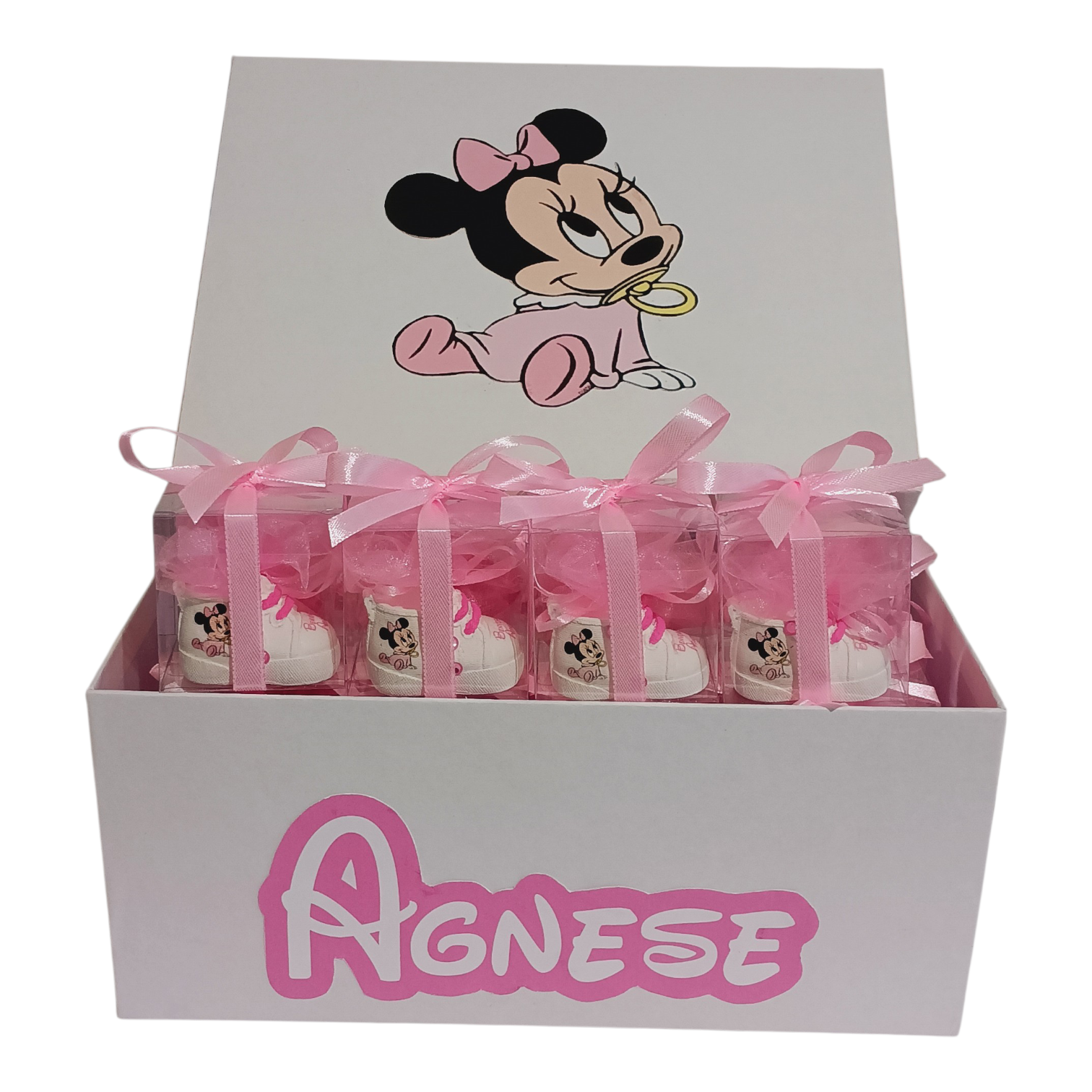 25 pezzi Bomboniera nascita bimba scarpina scarpette minnie con cesta porta Bomboniera