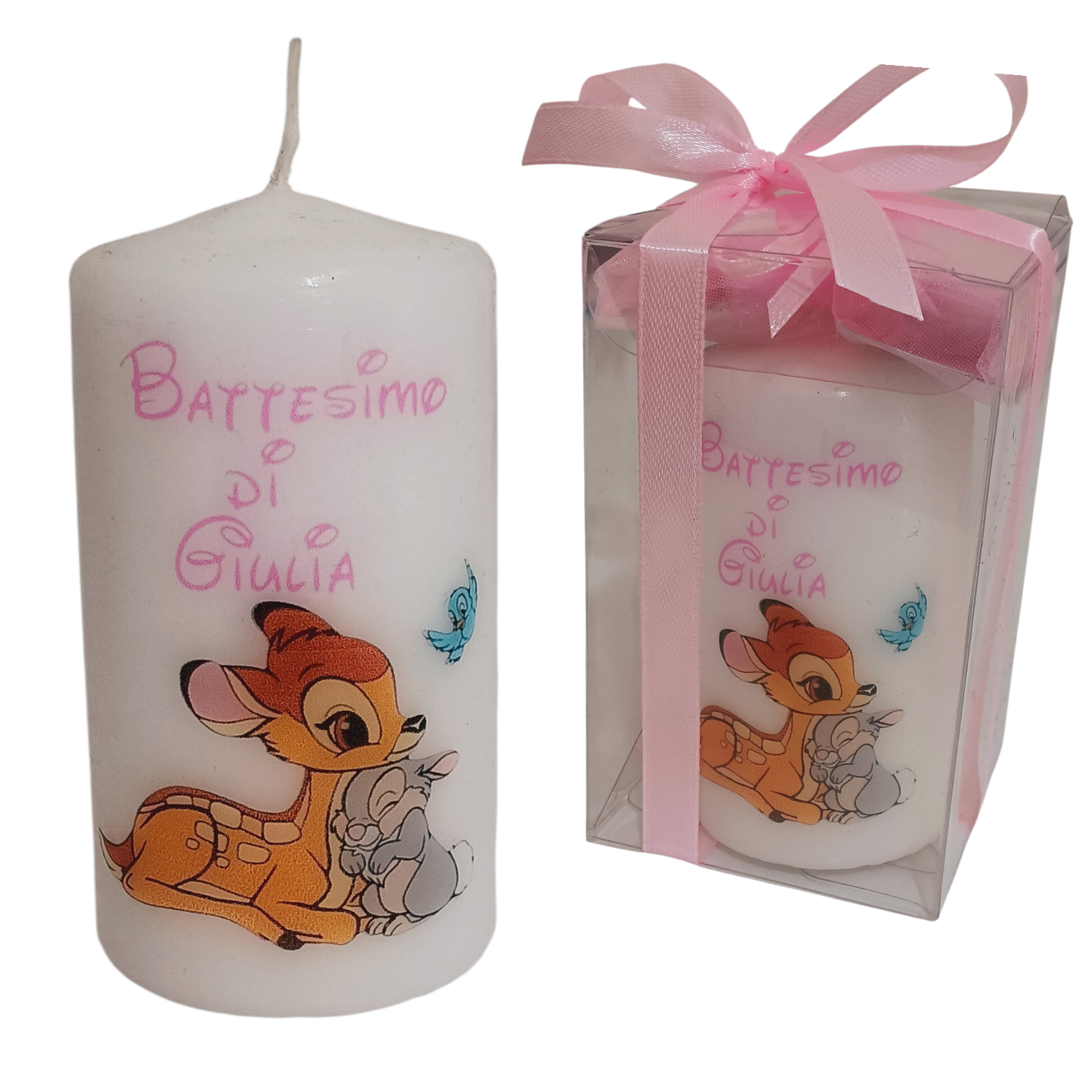 Bomboniera battesimo comunione candela personalizzabile bambi tamburino minnie bimba