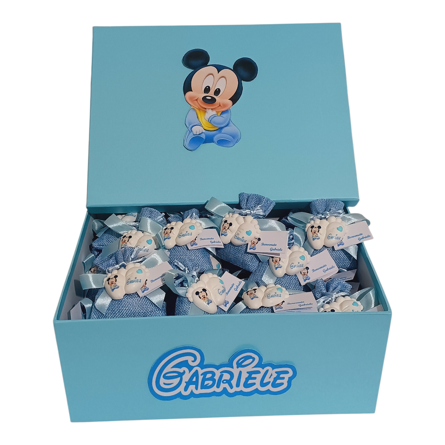 25 bomboniere sacchetto nascita piedini bimbo topolino calamita magnete con scatola portabomboniere