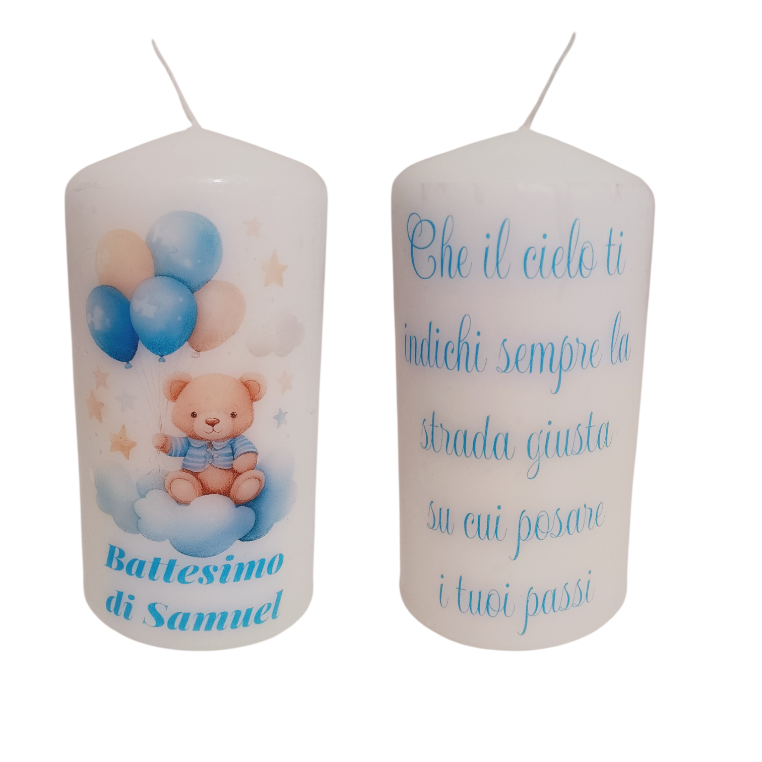 Bomboniera Candela orsetto battesimo tag bimbo nascita frase preghiera segnaposto