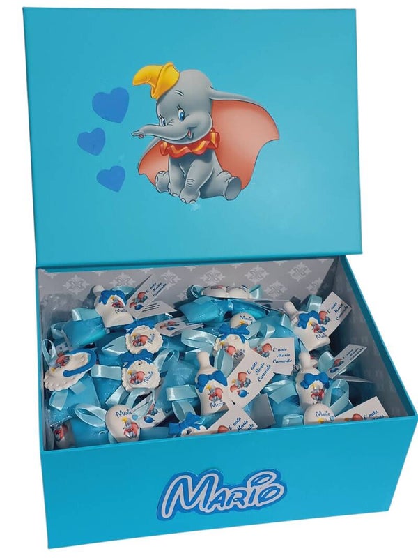 Lotto 50 pz bomboniera nascita bimbo elefantino Dumbo  Calamita Piedini palloncino Body ciuccio biberon bavetta scatola portabomboniere
